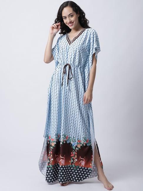 secret wish light blue printed kaftan nighty