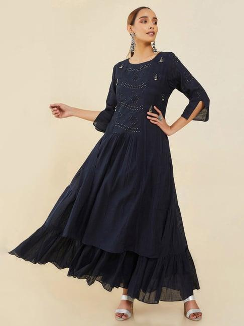 soch navy cotton embroidered a-line dress