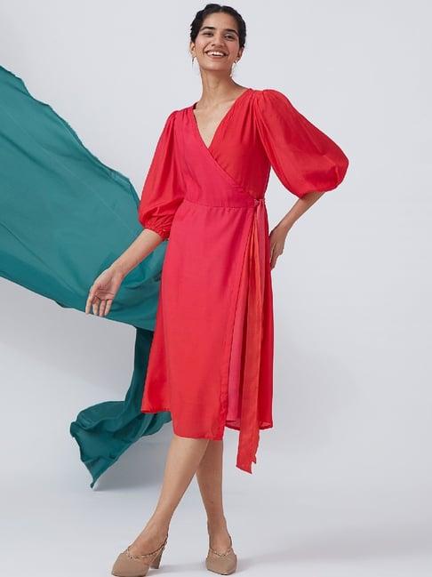 okhai bougainvillea hues red & pink ombre pattern a-line wrap dress