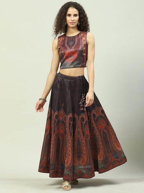 biba black printed crop top with skirt