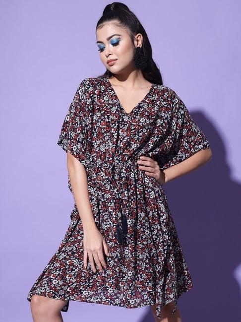 trend arrest black & brown floral print a-line kaftan dress