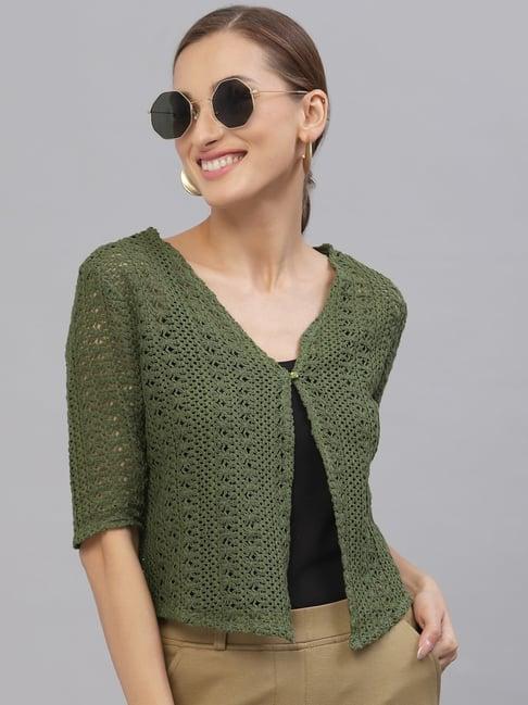 style quotient women self design olive cotton lace regular smart casual shrug