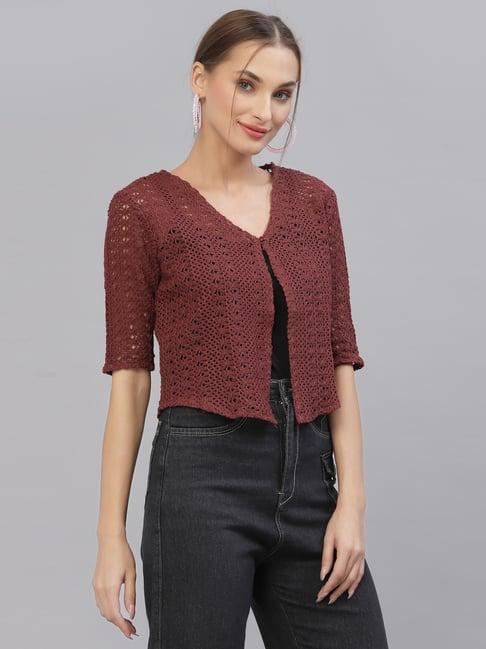 style quotient women self design maroon cotton lace regular smart casual shrug