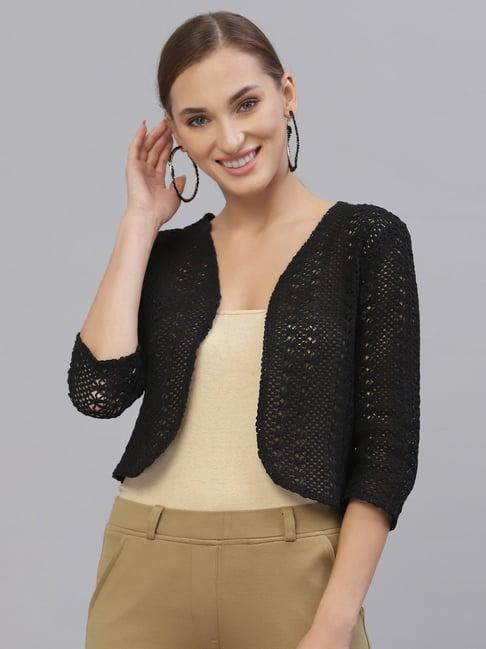 style quotient women black cotton self design lace crop open front shrug