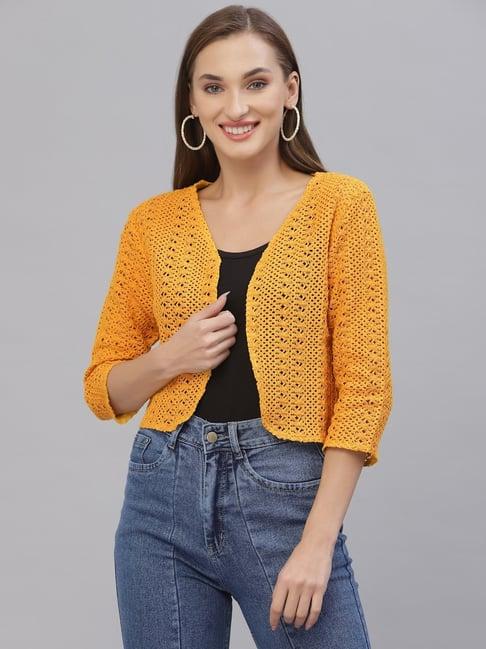 style quotient women mustard cotton self design lace crop open front shrug