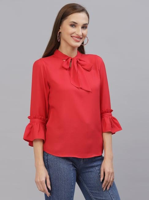 style quotient women solid red polymoss regular smart casual top