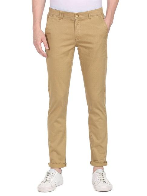 ad by arvind khaki slim fit flat front trousers