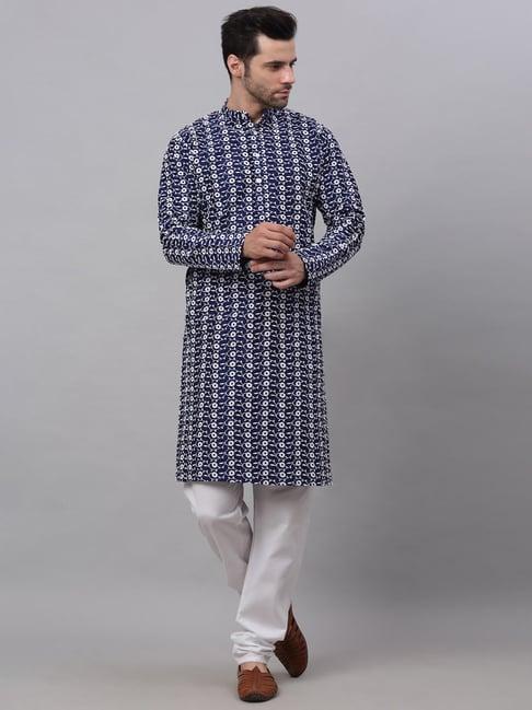 jompers navy cotton regular fit embroidered kurta sets