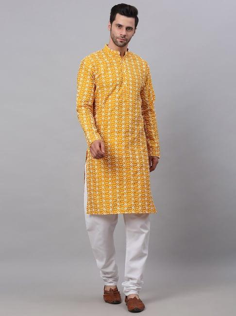 jompers mustard cotton regular fit embroidered kurta sets