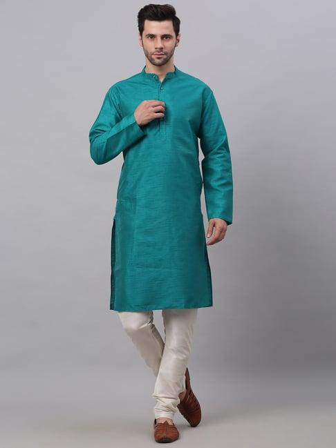 jompers teal regular fit texture kurta sets