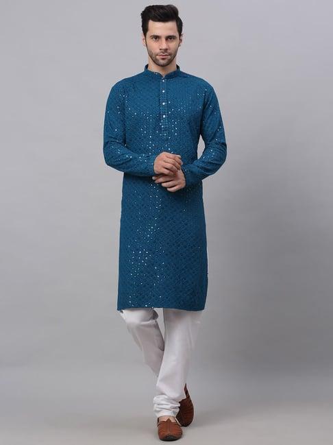 jompers teal cotton regular fit embroidered kurta sets