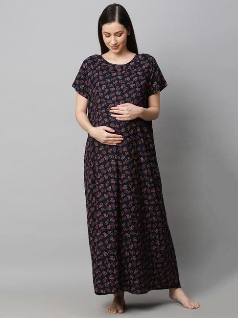 momtobe navy printed maternity nighty