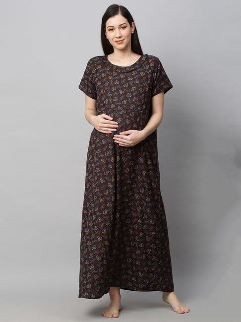 momtobe brown printed maternity nighty