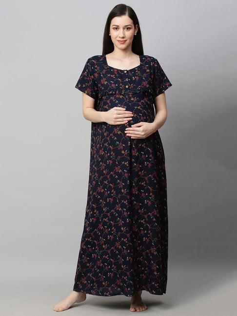 momtobe navy printed maternity nighty