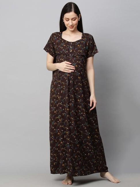 momtobe brown printed maternity nighty