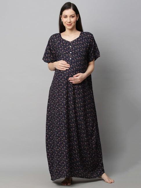 momtobe navy printed maternity nighty