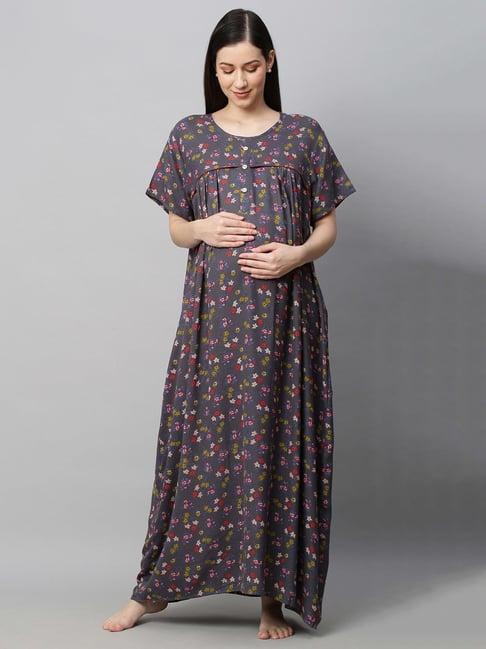 momtobe grey printed maternity nighty