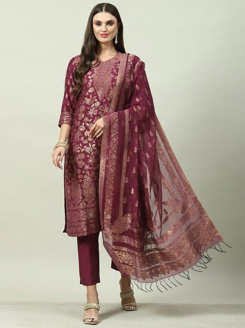 biba plum floral kurta with pants & dupatta