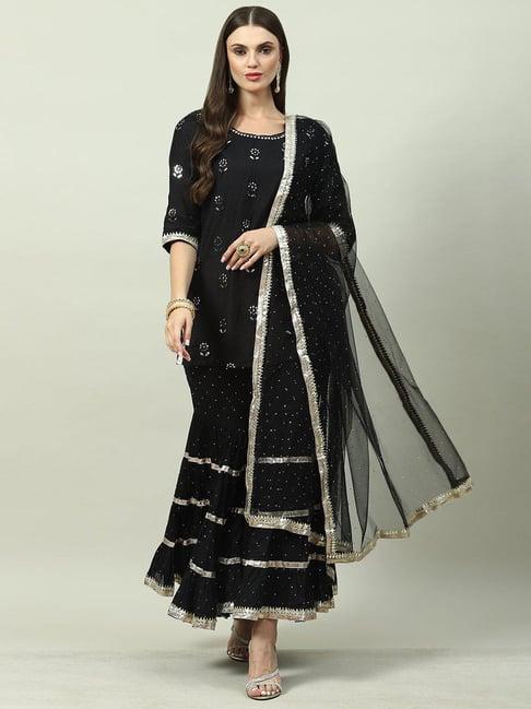 biba black embroidered tunic & sharara with dupatta