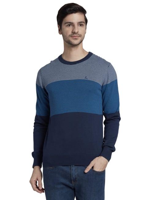 parx blue cotton regular fit striped sweaters