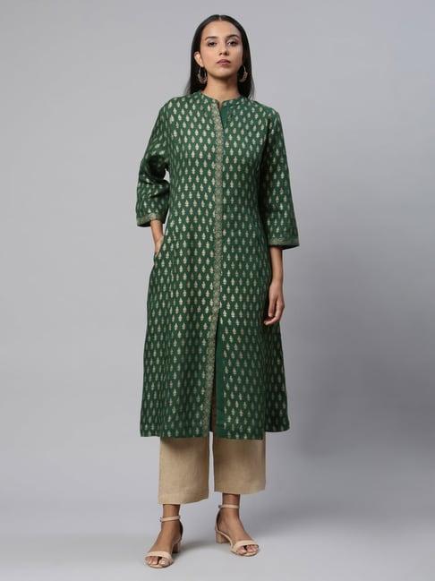 linen club woman green linen printed a line kurta