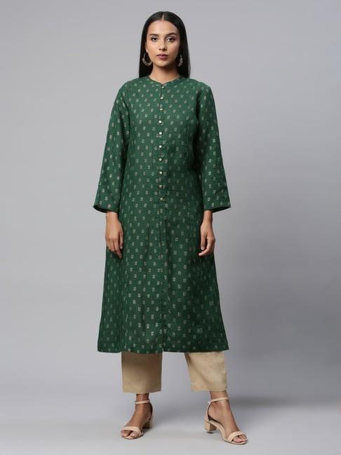 linen club woman green linen printed a line kurta