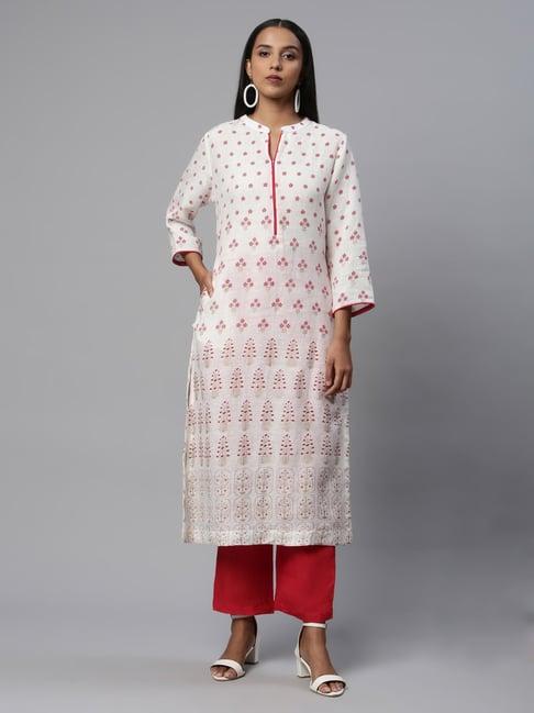 linen club woman white linen printed straight kurta