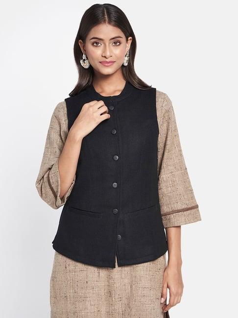 fabindia black woven pattern nehru jacket