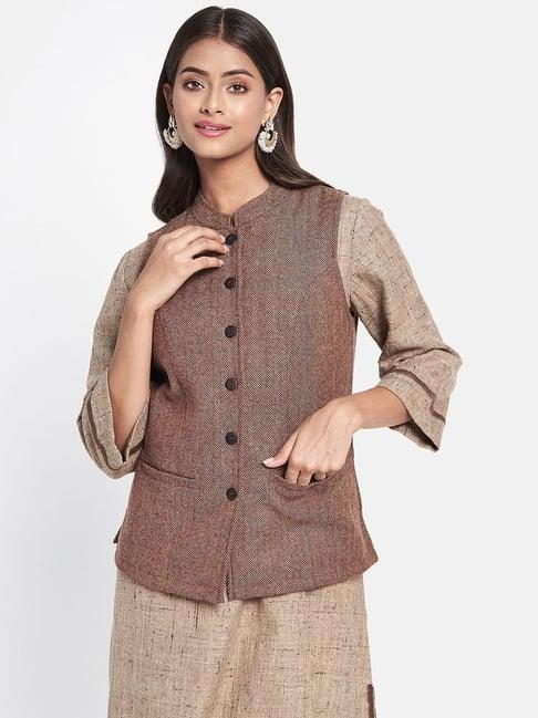 fabindia brown woven pattern nehru jacket