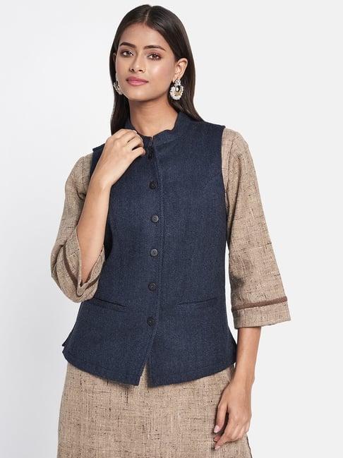 fabindia blue woven pattern nehru jacket