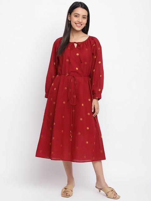 fabindia maroon cotton woven pattern a-line dress