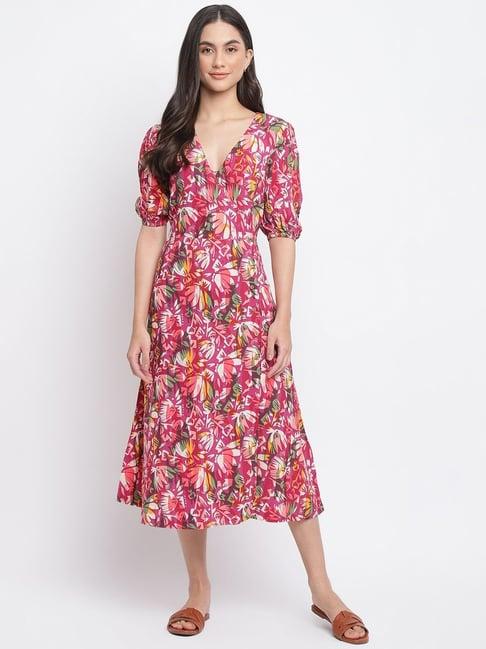 fabindia pink cotton linen floral print a-line dress