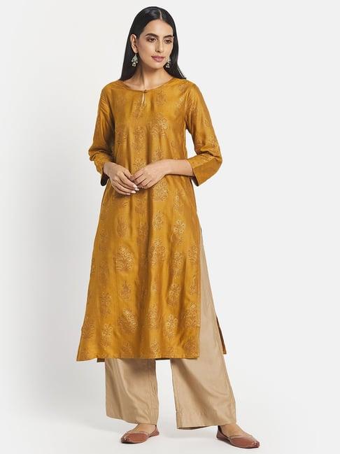 fabindia mustard floral print straight kurta