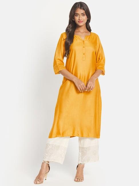 fabindia mustard embroidered straight kurta