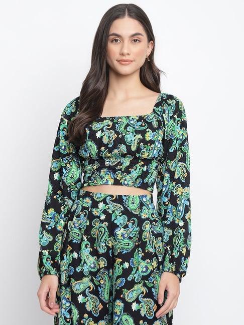 fabindia green & black floral print top