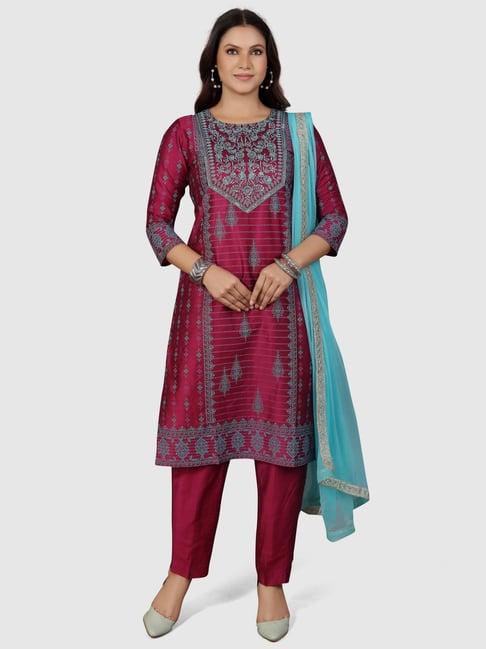 cotton culture purple cotton embroidered kurta pant set with dupatta