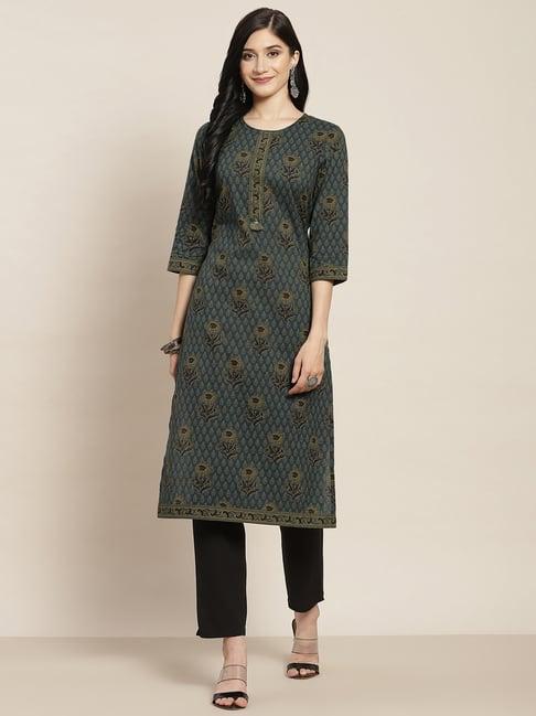 rain and rainbow teal green floral print cotton kurta