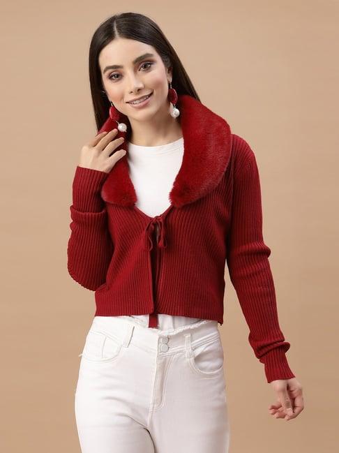 mafadeny maroon shawl neck cardigan