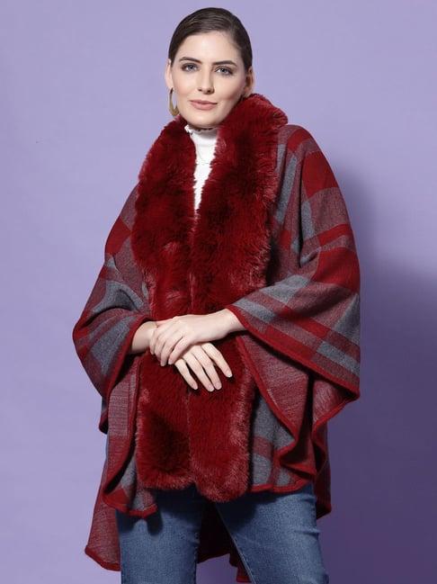 mafadeny maroon chequered poncho