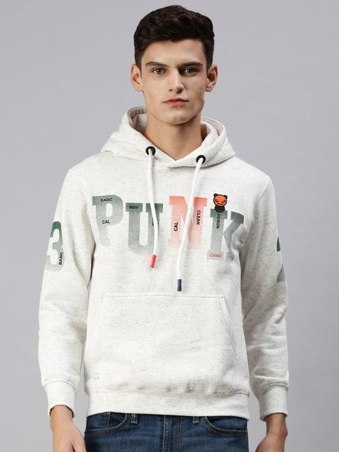 showoff white cotton slim fit printed hooded sweatshirt