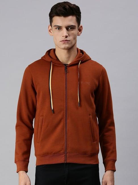 showoff tan cotton slim fit hooded sweatshirt