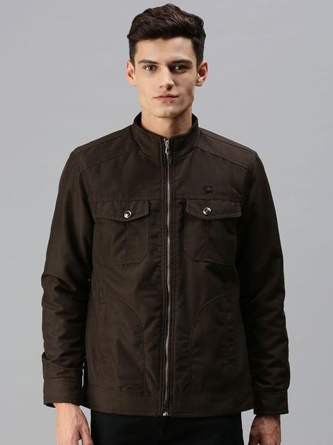 showoff brown cotton slim fit jackets