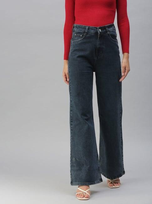 showoff clean look charcoal wide leg denim jeans