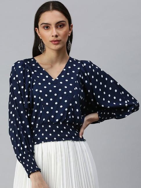 showoff v-neck batwing sleeves printed navy blue top