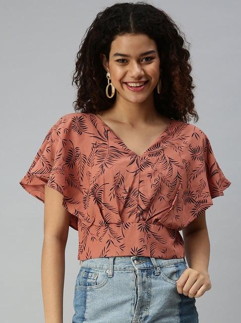 showoff v-neck flutter sleeves printed brown top