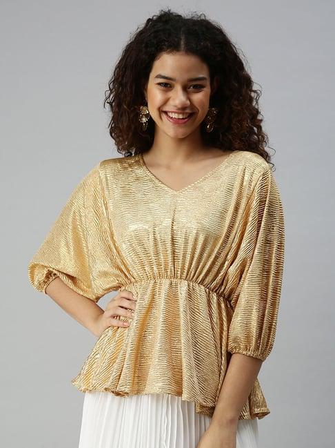 showoff v-neck batwing sleeves solid gold peplum top