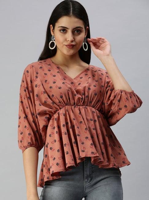 showoff three-quarter sleeves v-neck brown floral peplum top