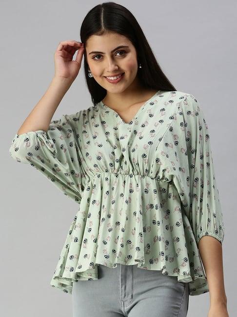 showoff three-quarter sleeves v-neck green floral peplum top