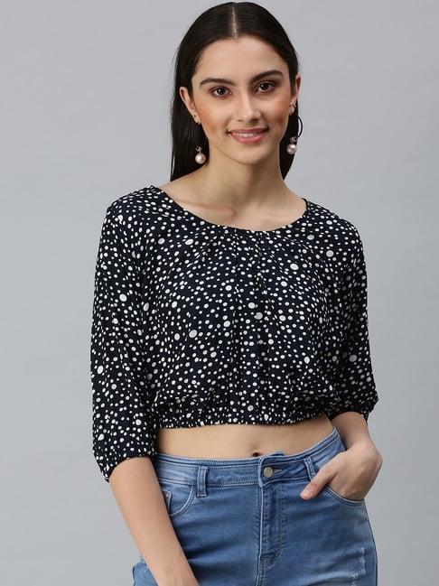 showoff round neck sleeves embroidered navy blue crop top