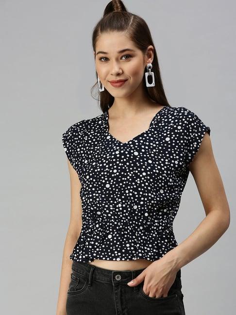 showoff short sleeves sweetheart neck navy blue polka dots top